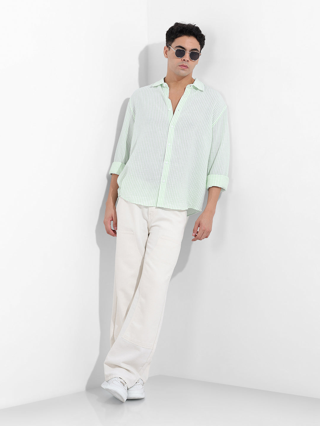 Men's Mint Blue Relaxed Fit Striped Casual Shirt