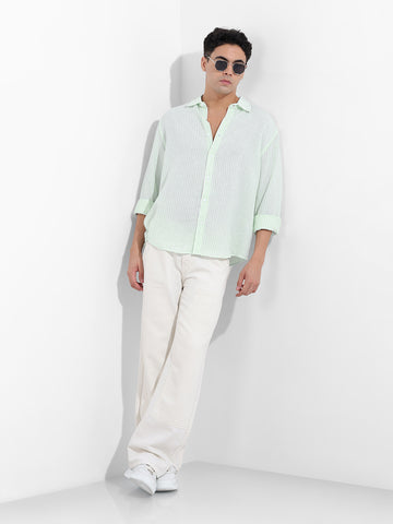 Men's Mint Blue Relaxed Fit Striped Casual Shirt