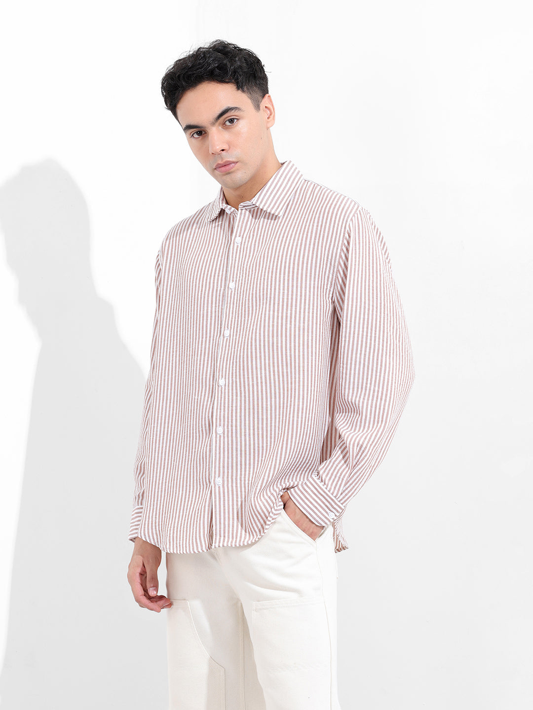 Men's Brown Relaxed Fit Striped Casual Shirt