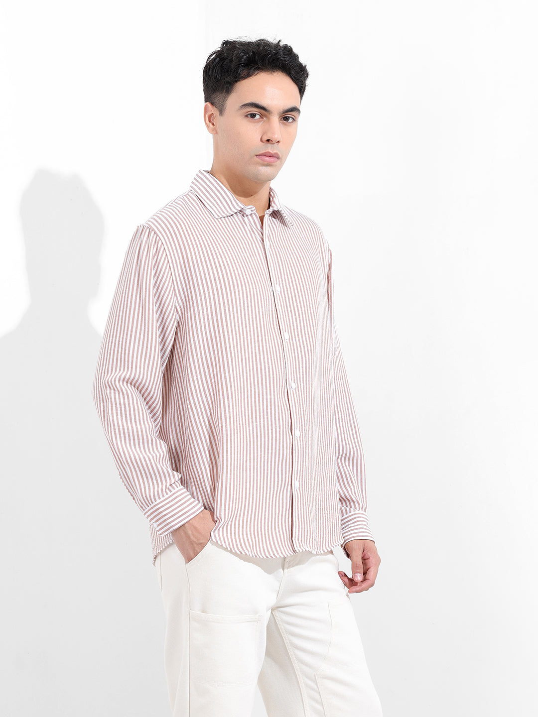 Men's Brown Relaxed Fit Striped Casual Shirt