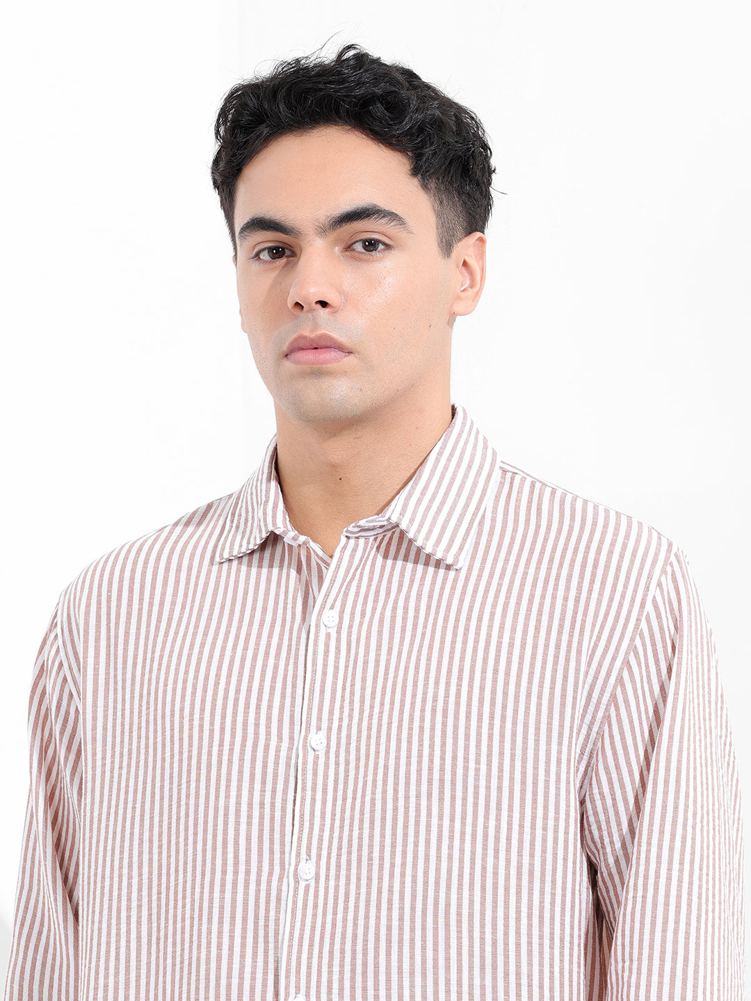 Men's Brown Relaxed Fit Striped Casual Shirt