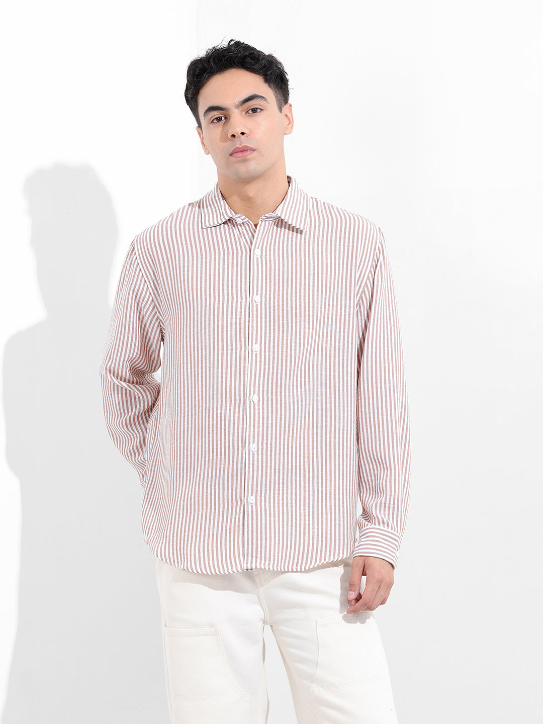 Men's Brown Relaxed Fit Striped Casual Shirt