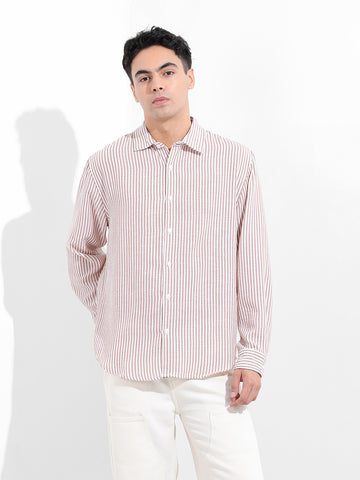 Men's Brown Relaxed Fit Striped Casual Shirt
