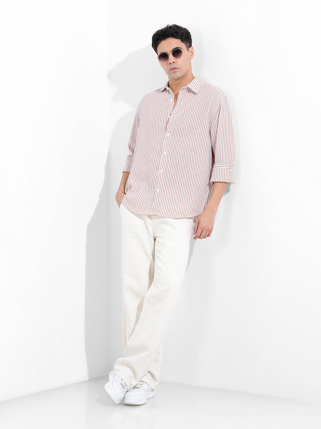 Men's Brown Relaxed Fit Striped Casual Shirt
