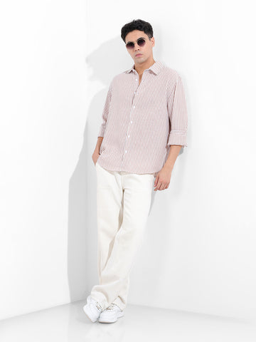 Men's Brown Relaxed Fit Striped Casual Shirt