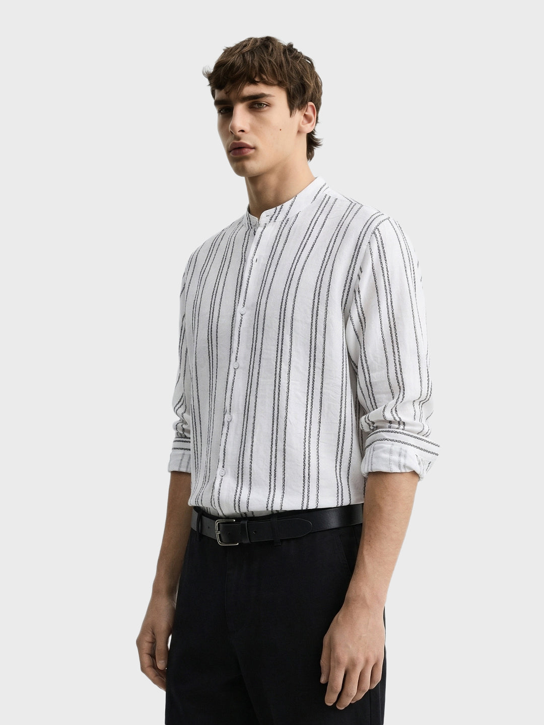 Men's White Relaxed Fit Vertical Stripes Resort Wear Shirt
