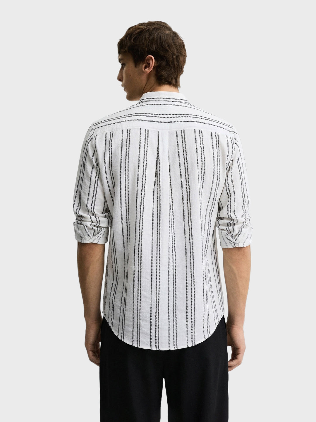 Men's White Relaxed Fit Vertical Stripes Resort Wear Shirt