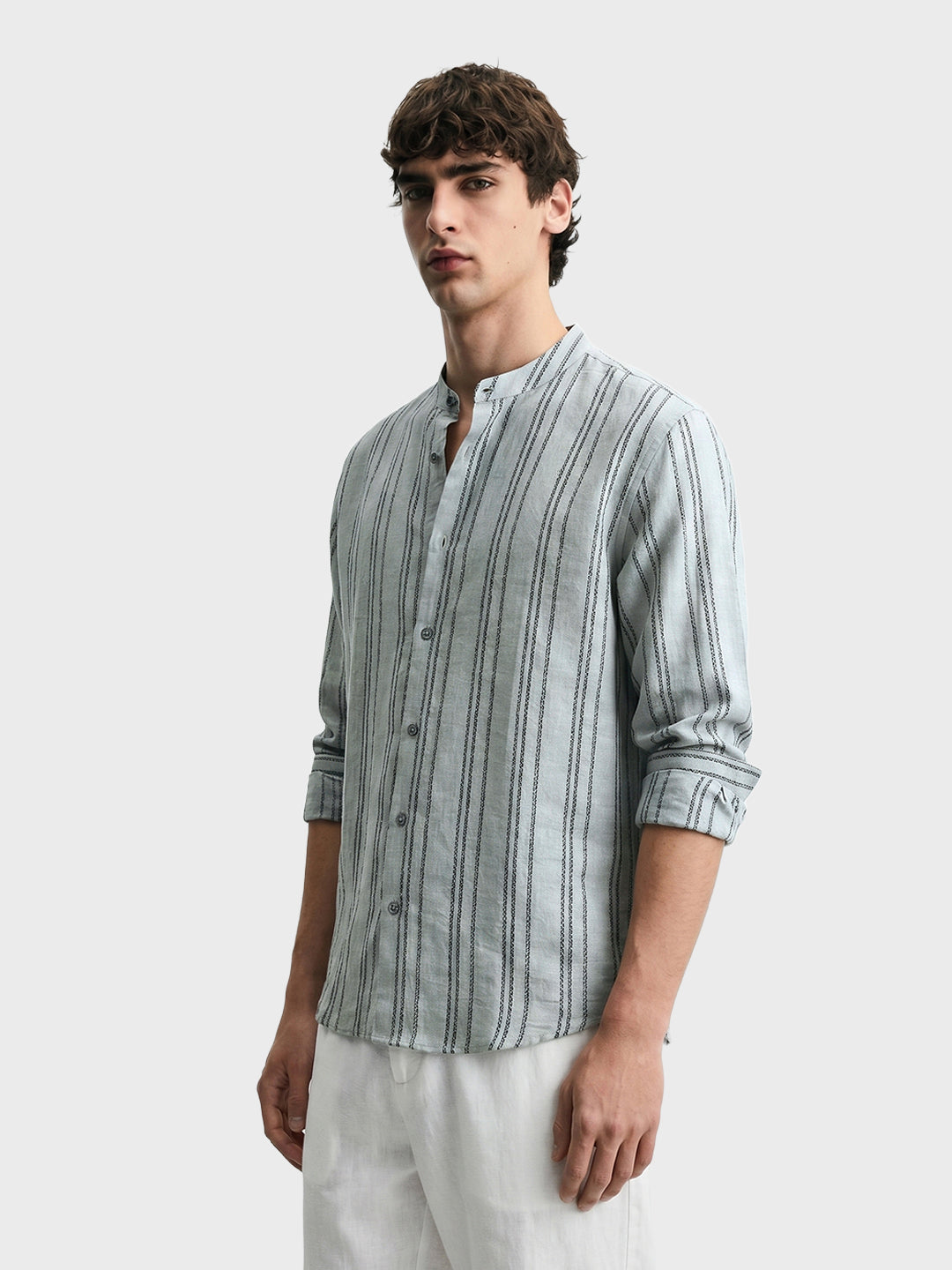 Men's Green Relaxed Fit Vertical Stripes Resort Wear Shirt