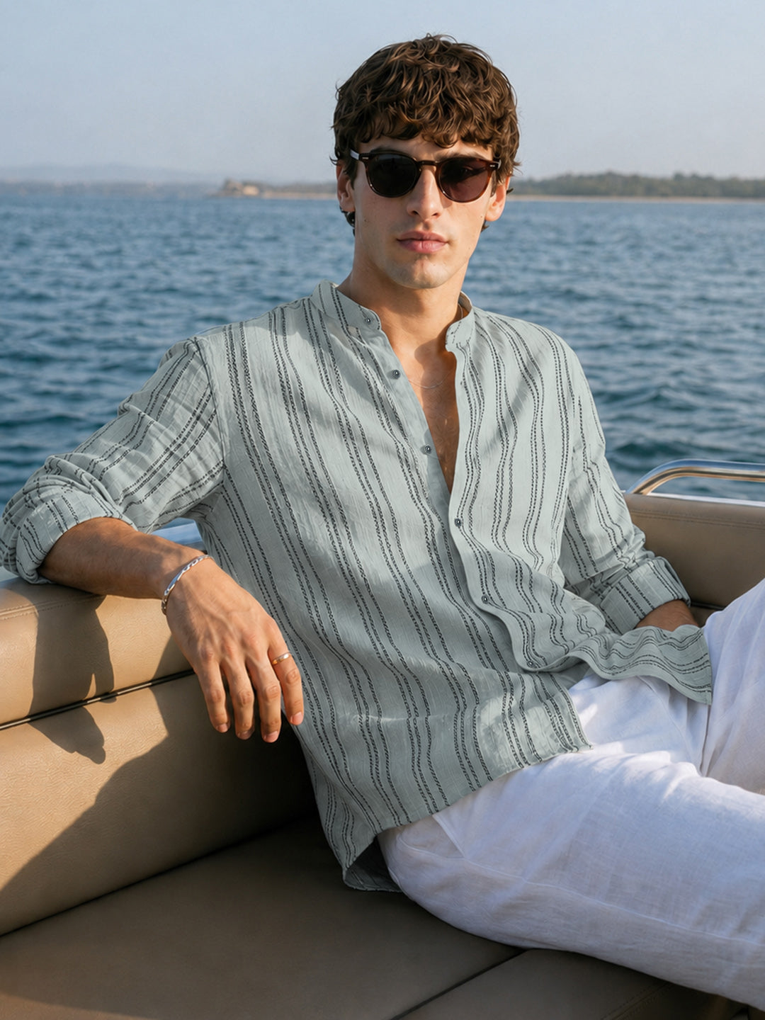 Men's Green Relaxed Fit Vertical Stripes Resort Wear Shirt