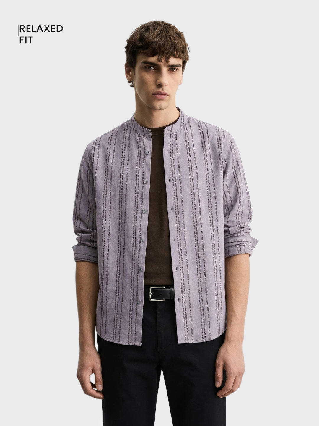 Men's Purple Relaxed Fit Vertical Stripes Resort Wear Shirt