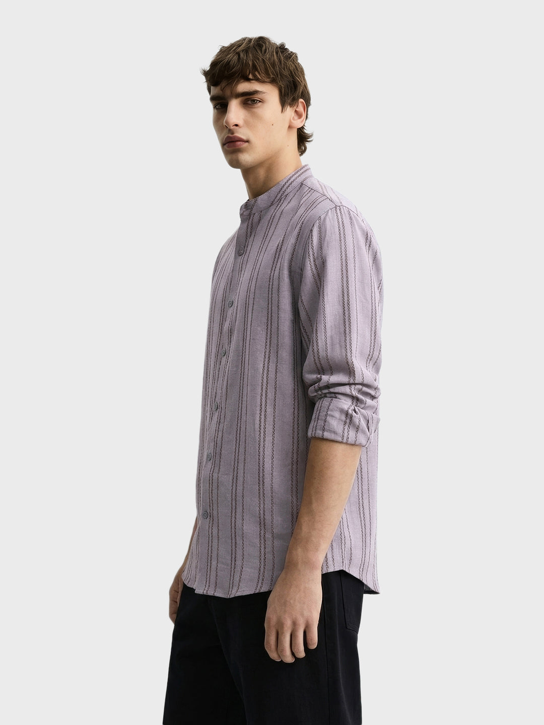 Men's Purple Relaxed Fit Vertical Stripes Resort Wear Shirt