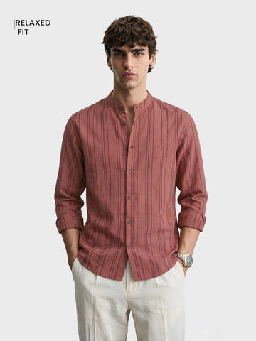 Men's Red Relaxed Fit Vertical Stripes Resort Wear Shirt