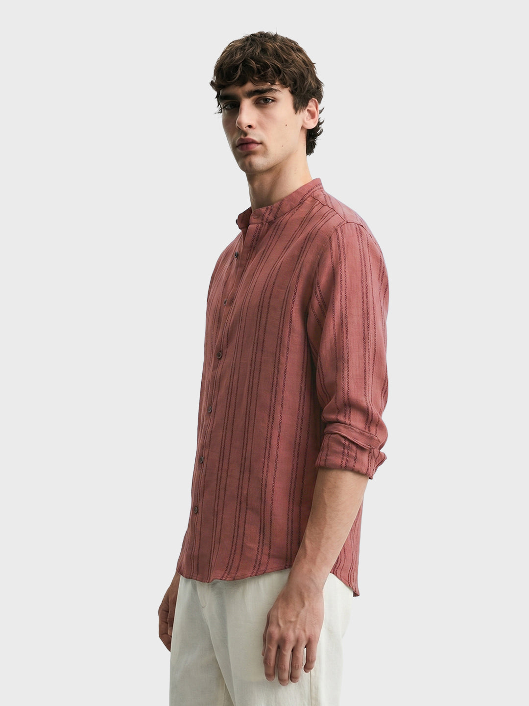 Men's Red Relaxed Fit Vertical Stripes Resort Wear Shirt