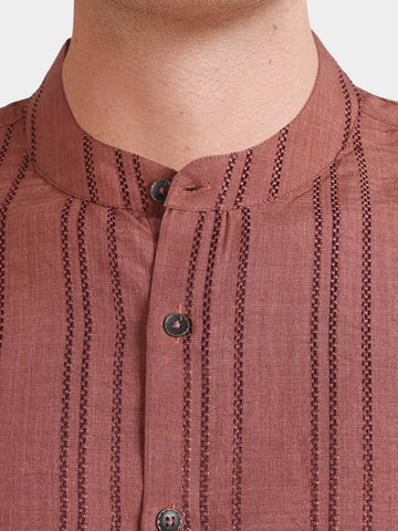 Men's Red Relaxed Fit Vertical Stripes Resort Wear Shirt