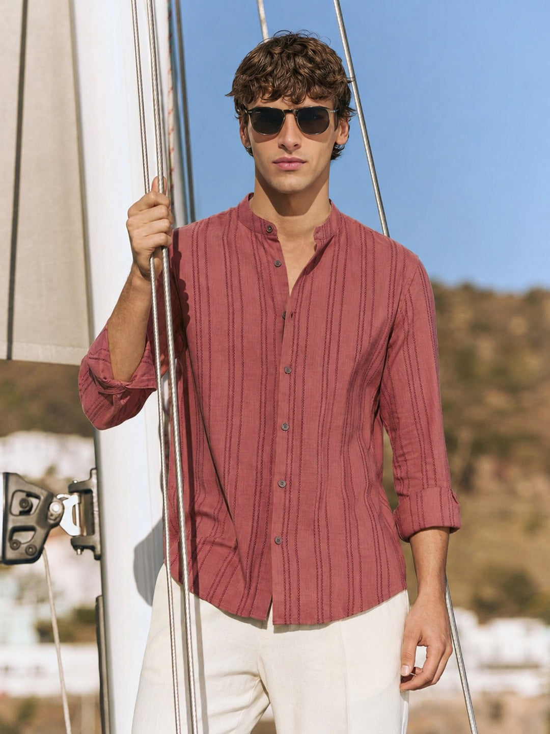 Men's Red Relaxed Fit Vertical Stripes Resort Wear Shirt