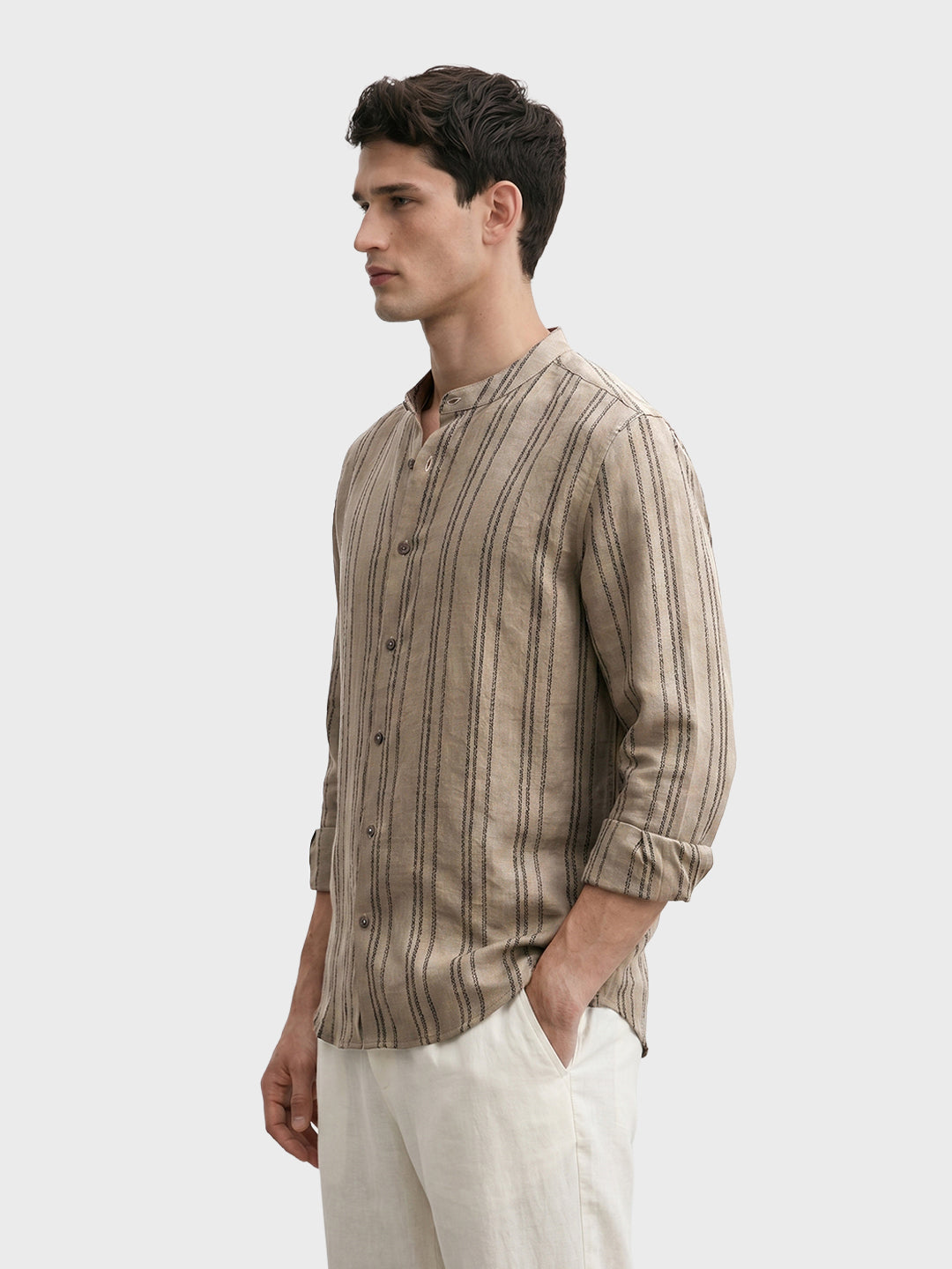 Men's Olive Relaxed Fit Vertical Stripes Resort Wear Shirt