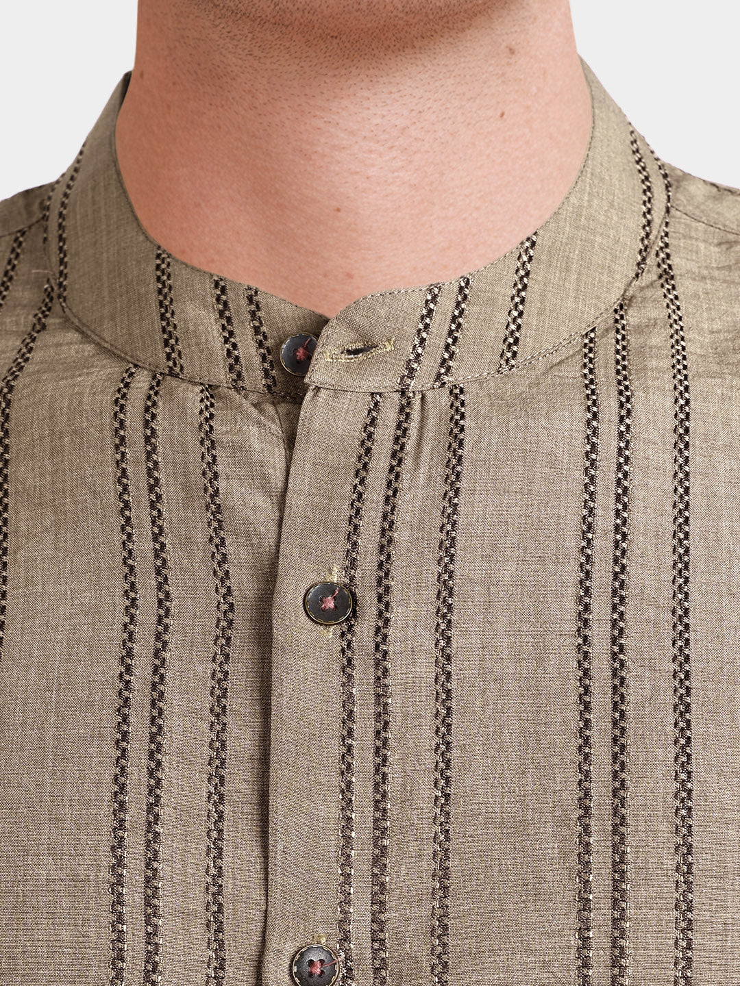 Men's Olive Relaxed Fit Vertical Stripes Resort Wear Shirt