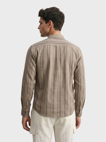 Men's Olive Relaxed Fit Vertical Stripes Resort Wear Shirt