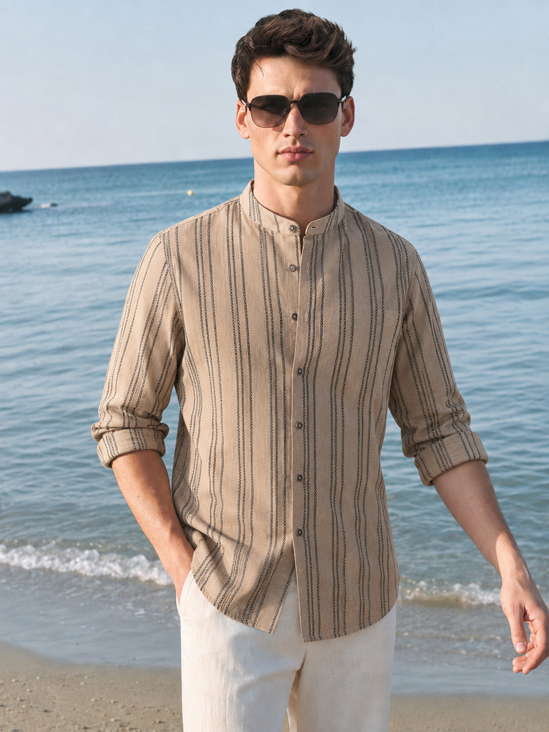 Men's Olive Relaxed Fit Vertical Stripes Resort Wear Shirt
