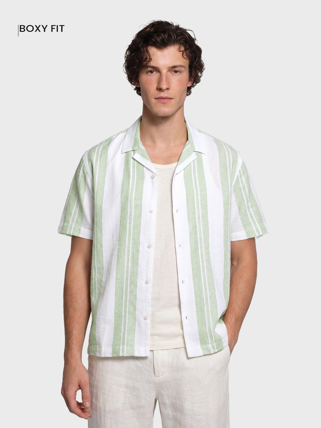 Men's Green Relaxed Fit Striped Resort Wear Shirt