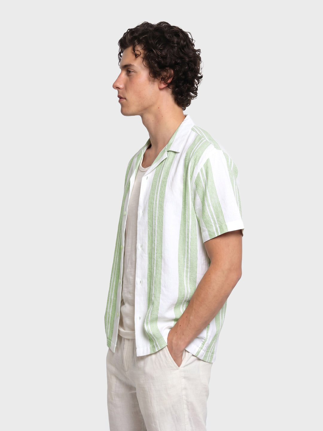 Men's Green Relaxed Fit Striped Resort Wear Shirt