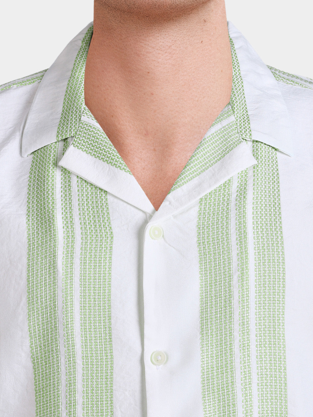 Men's Green Relaxed Fit Striped Resort Wear Shirt