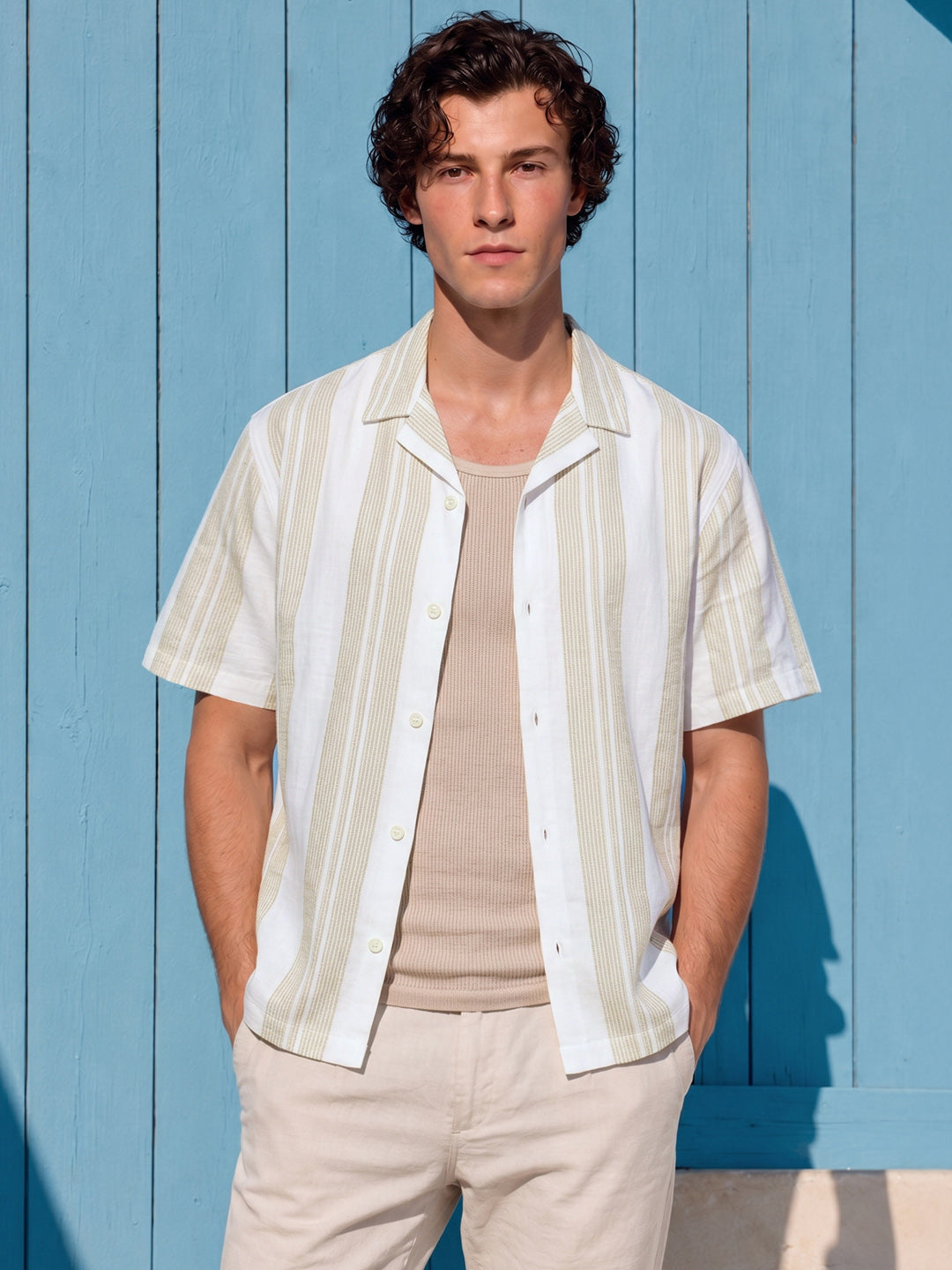 Men's Green Relaxed Fit Striped Resort Wear Shirt