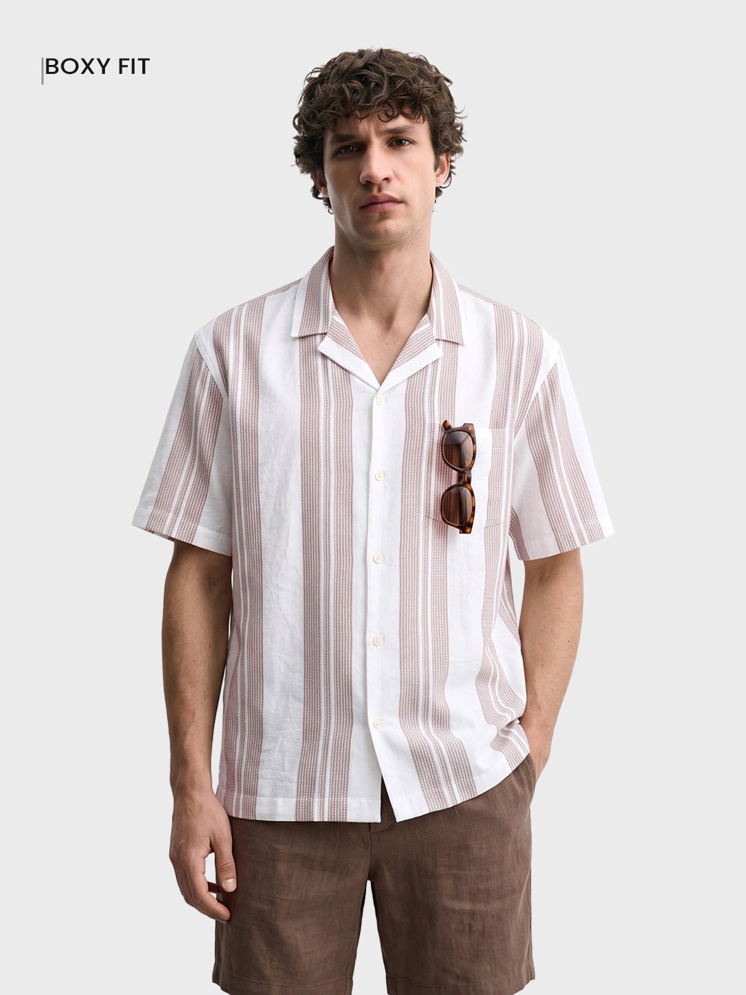Men's Peach Boxy Fit Striped Resort Wear Shirt