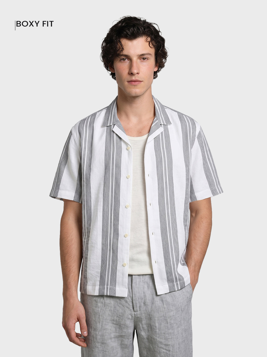 Men's Grey Relaxed Fit Striped Resort Wear Shirt