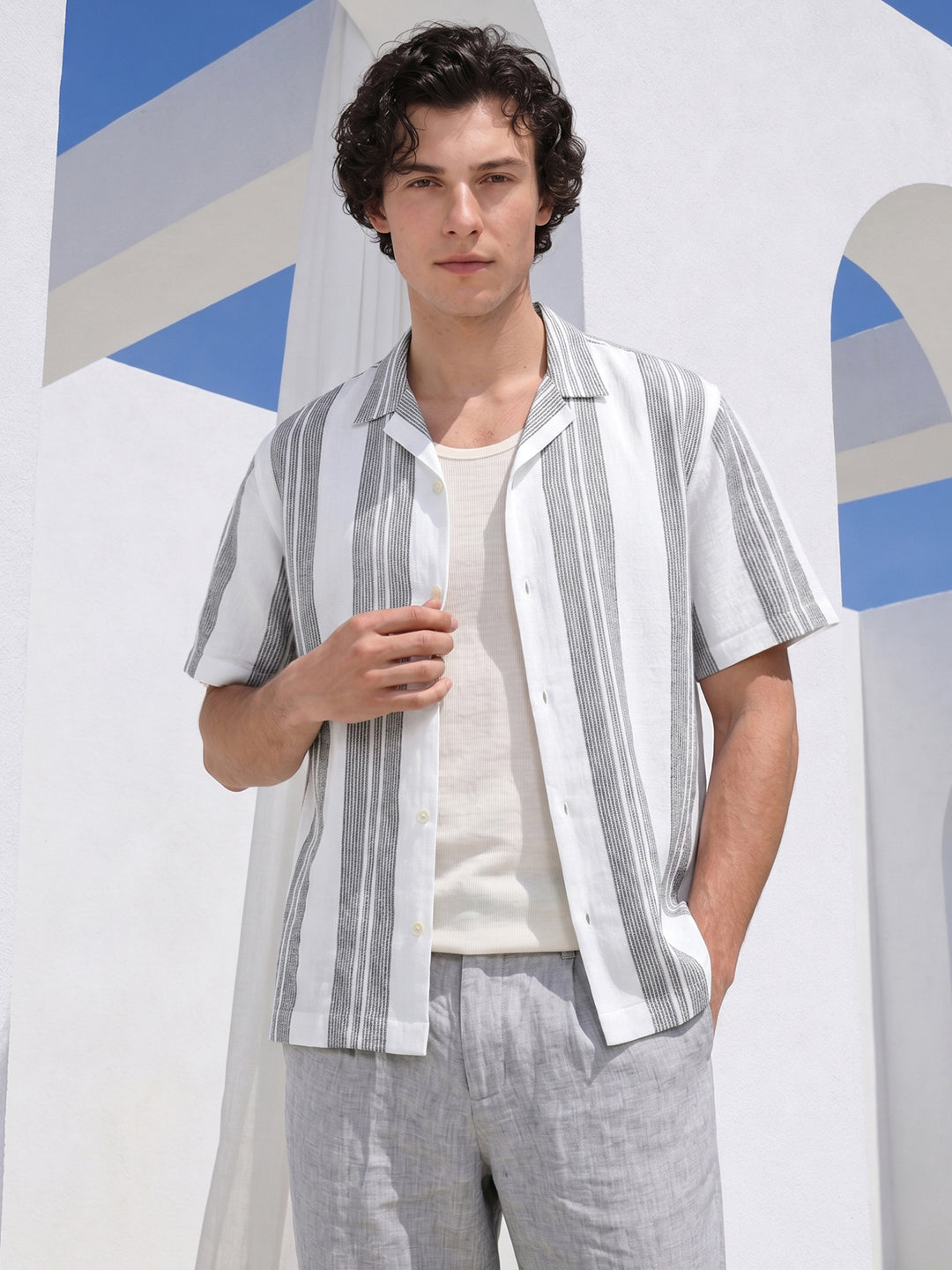 Men's Grey Relaxed Fit Striped Resort Wear Shirt
