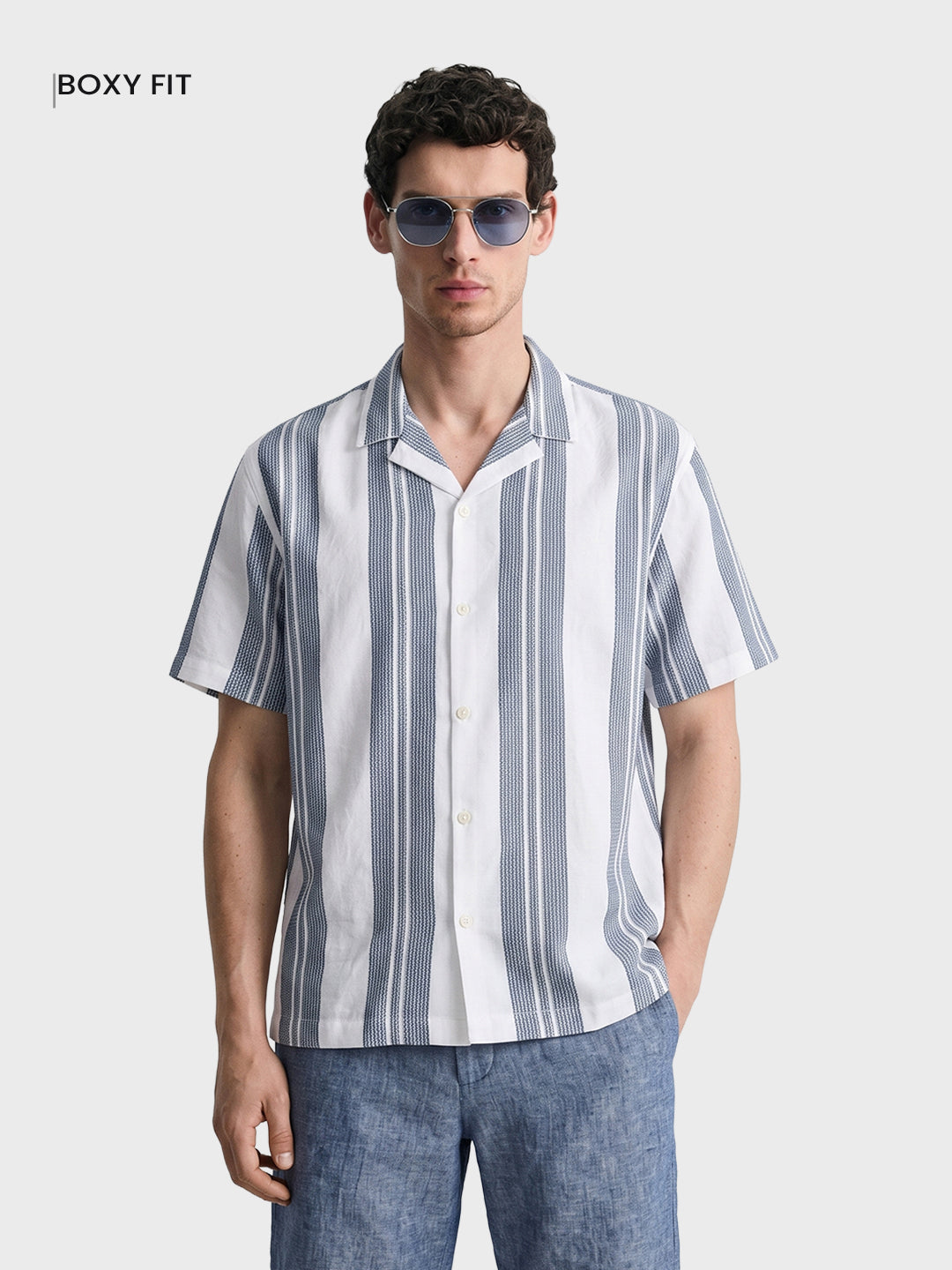 Men's Blue Boxy Fit Striped Resort Wear Shirt
