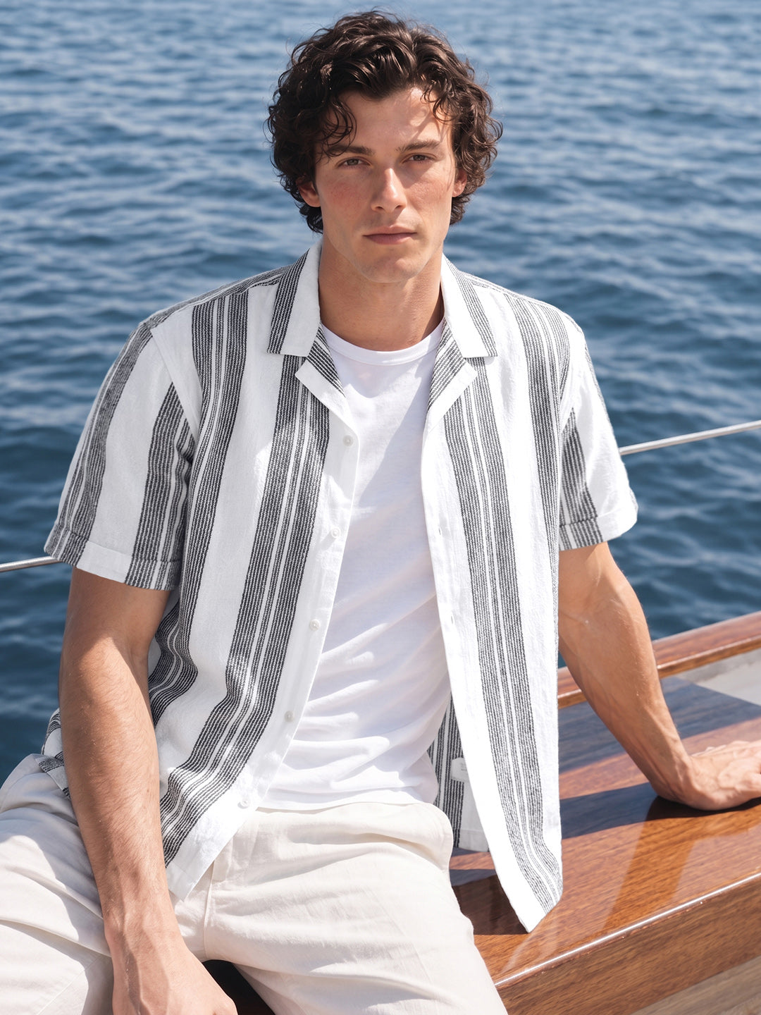 Men's Black Relaxed Fit Striped Resort Wear Shirt