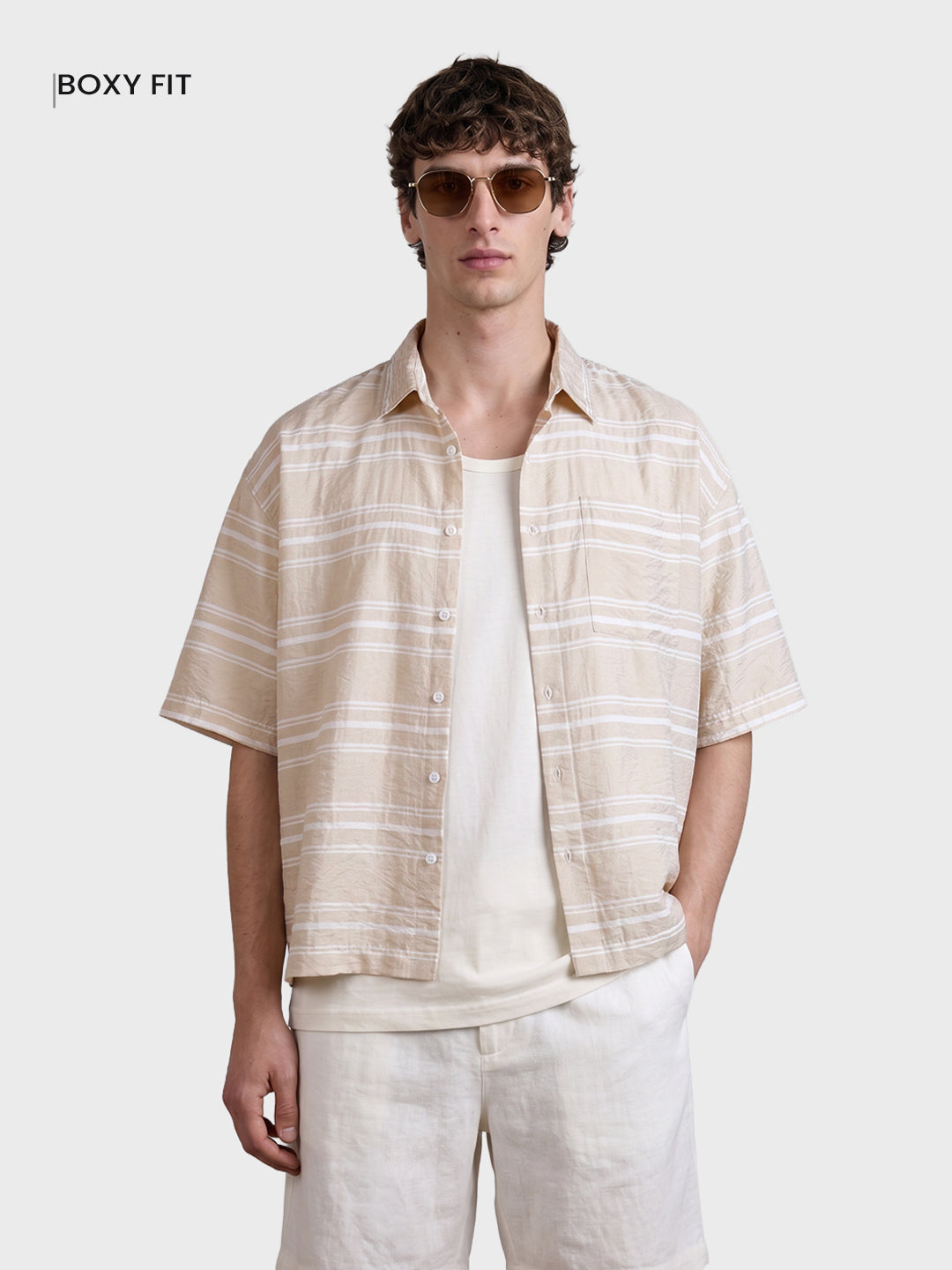 Men's Cream Boxy Fit Striped Resort Wear Shirt
