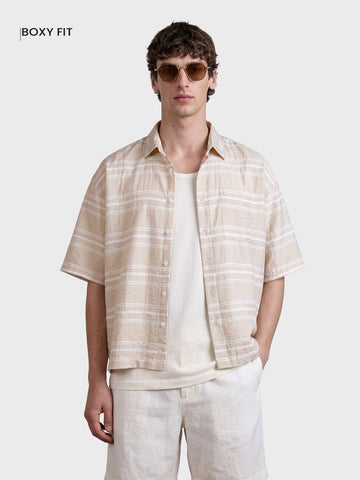 Men's Cream Boxy Fit Striped Resort Wear Shirt