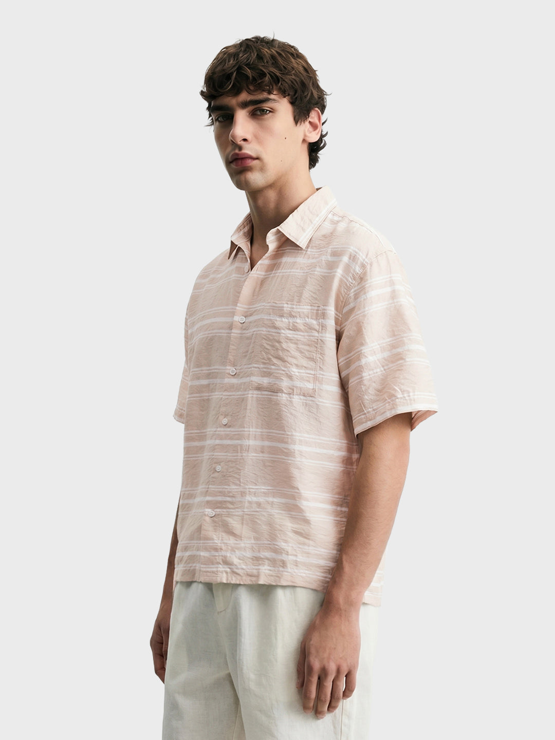 Men's Cream Boxy Fit Striped Resort Wear Shirt