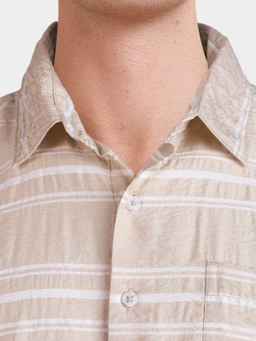 Men's Cream Boxy Fit Striped Resort Wear Shirt
