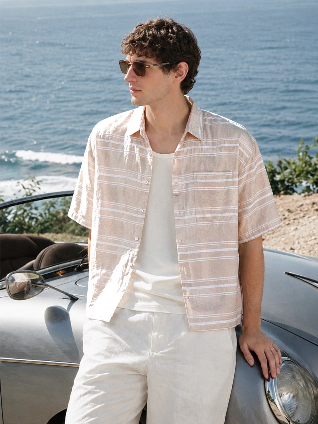 Men's Cream Boxy Fit Striped Resort Wear Shirt