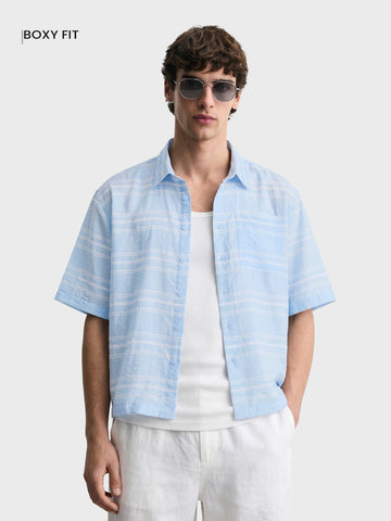 Men's Blue Boxy Fit Striped Resort Wear Shirt