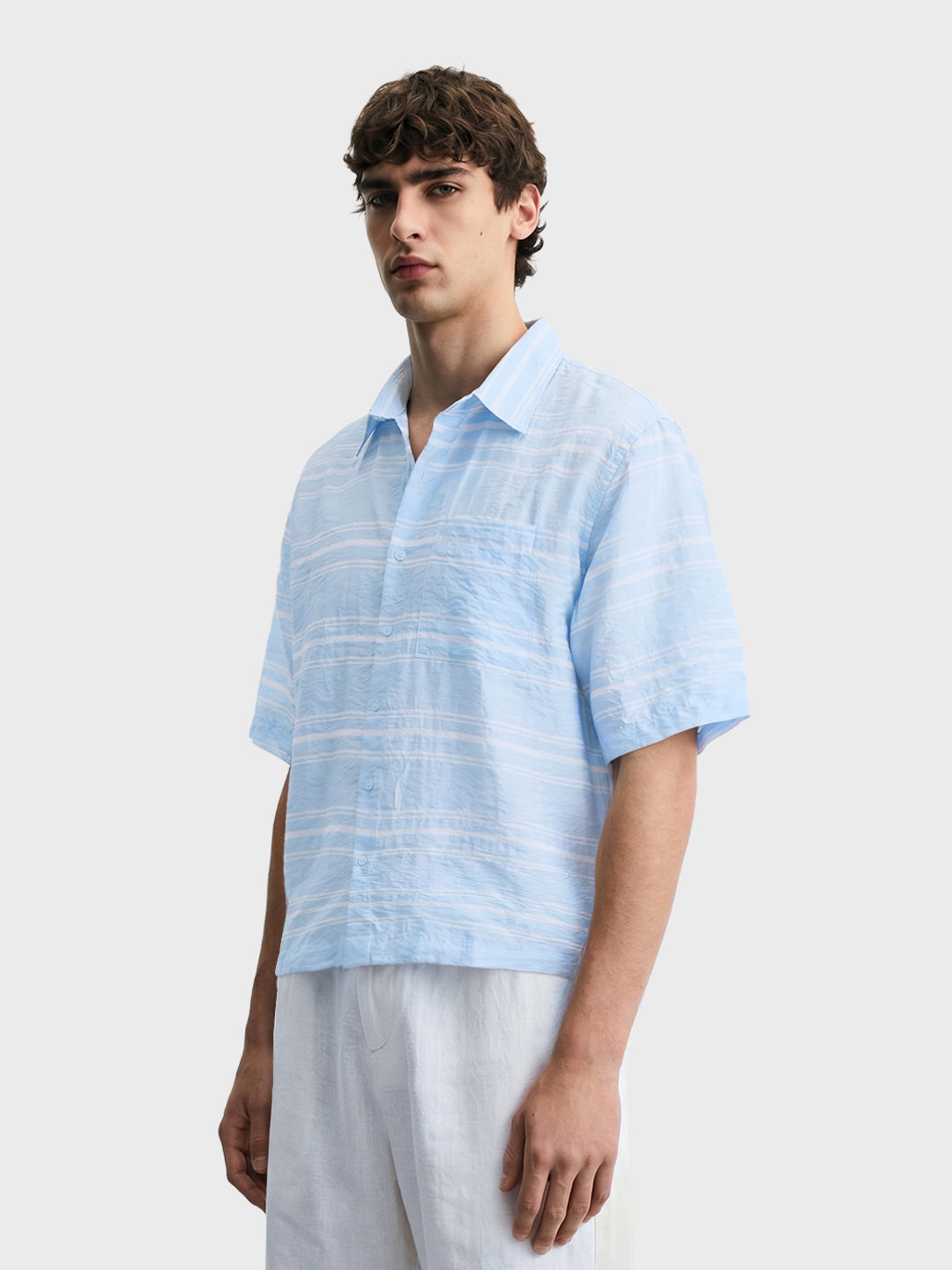 Men's Blue Boxy Fit Striped Resort Wear Shirt