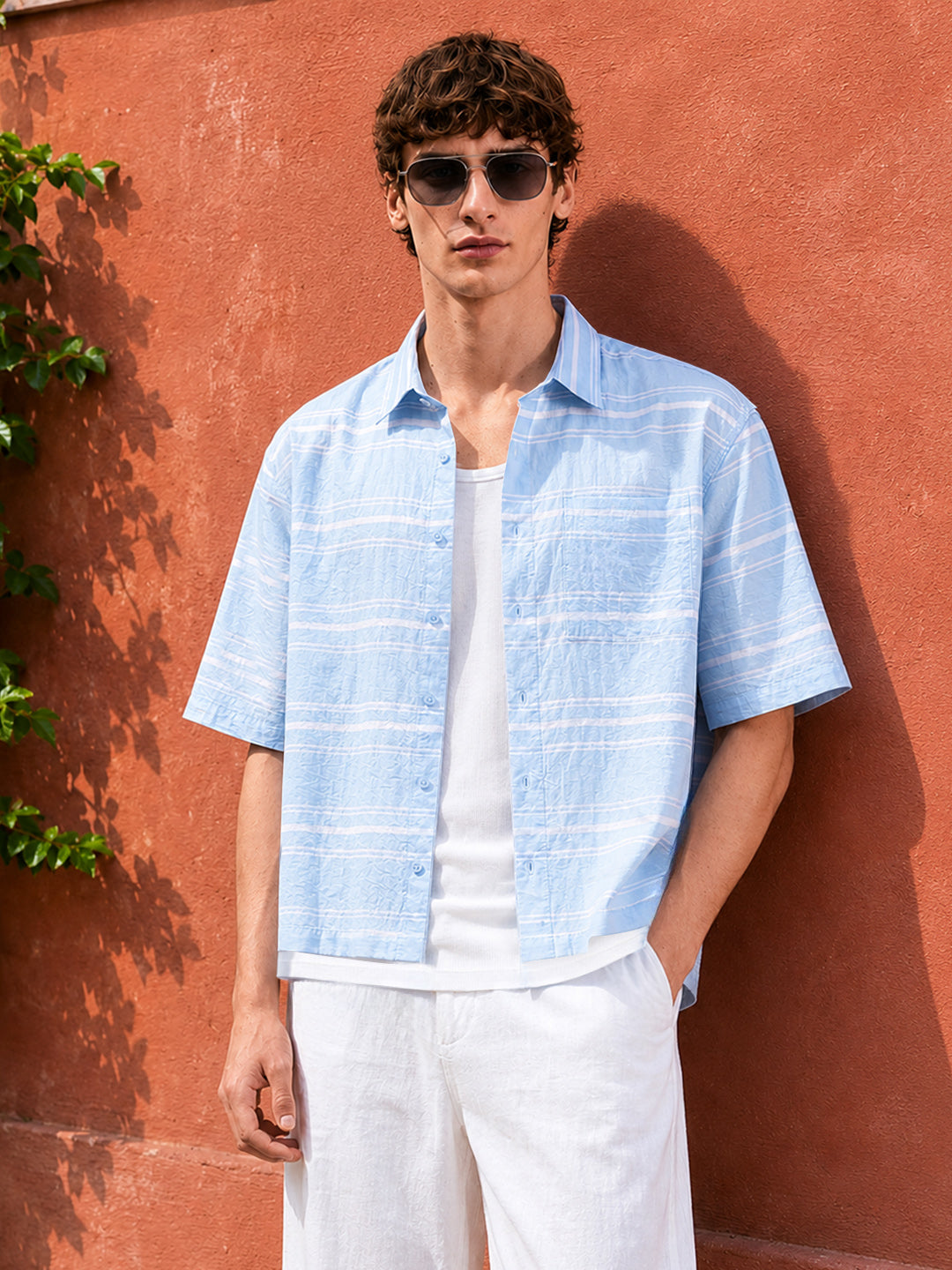 Men's Blue Boxy Fit Striped Resort Wear Shirt