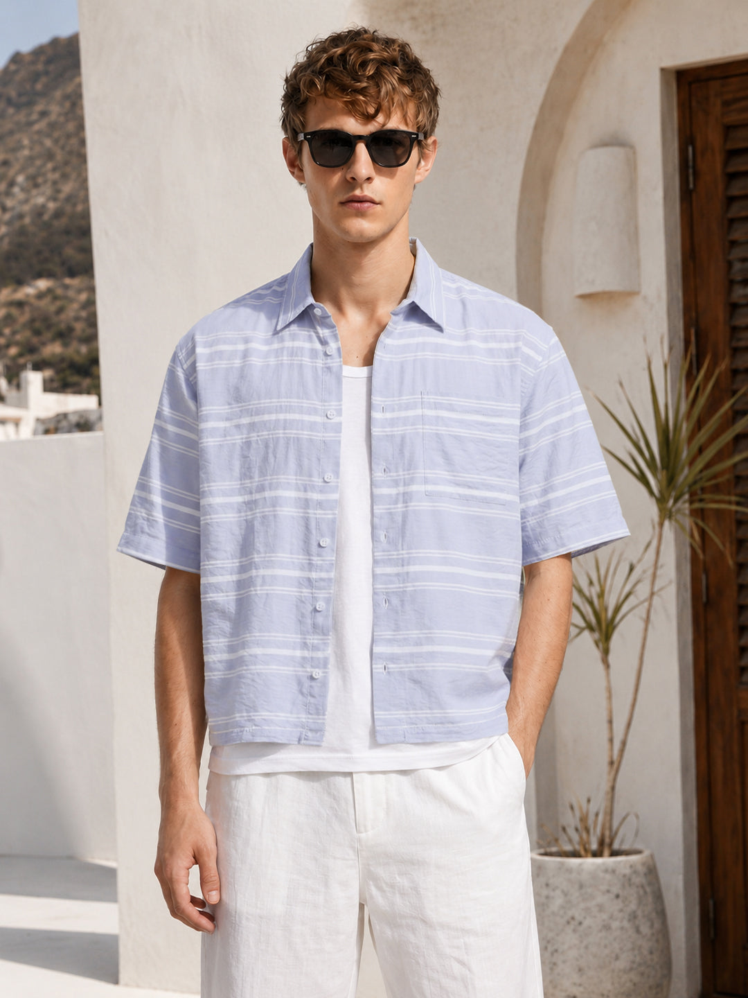 Men's Blue Boxy Fit Striped Resort Wear Shirt
