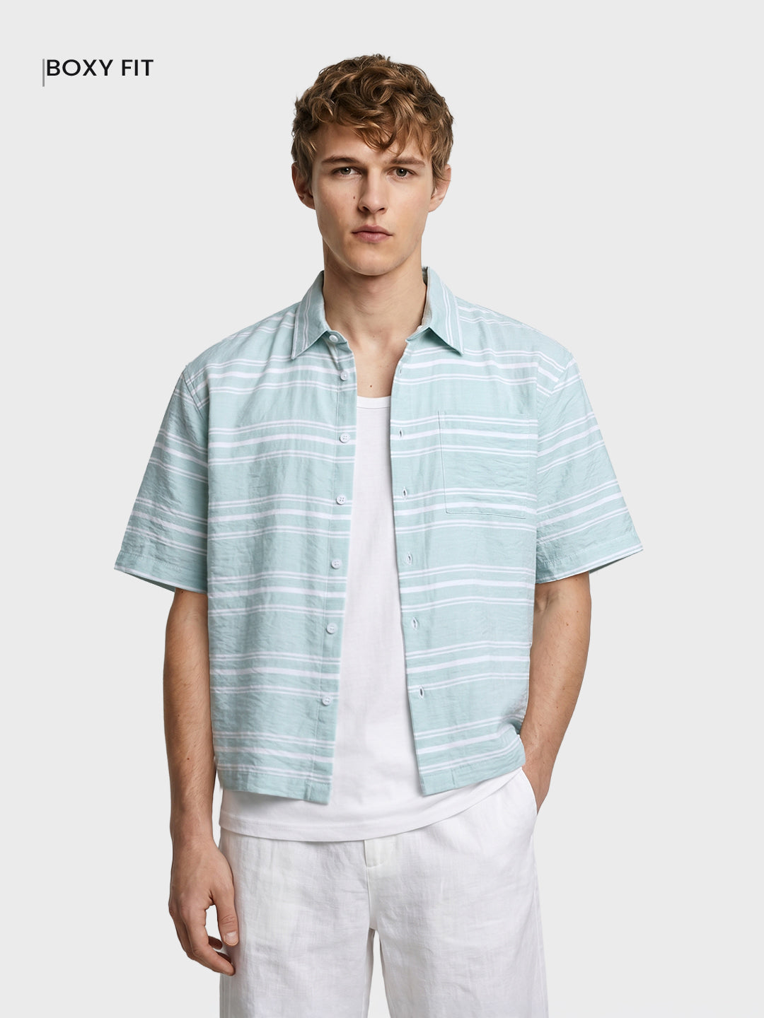 Men's Green Boxy Fit Striped Resort Wear Shirt