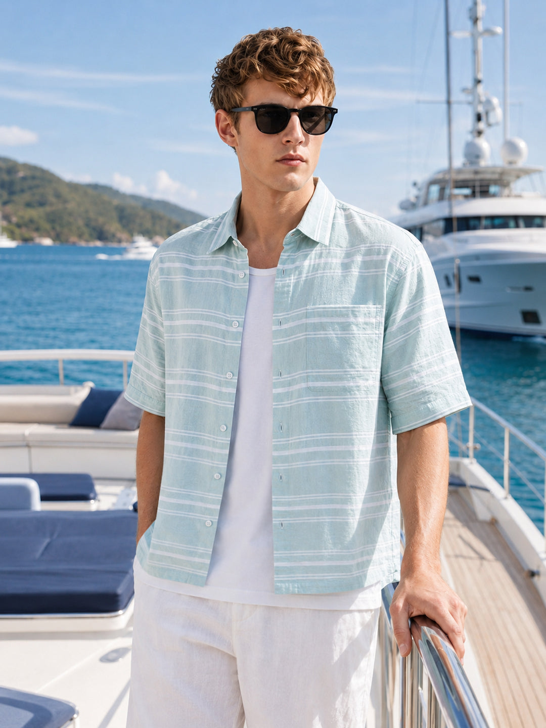 Men's Green Boxy Fit Striped Resort Wear Shirt