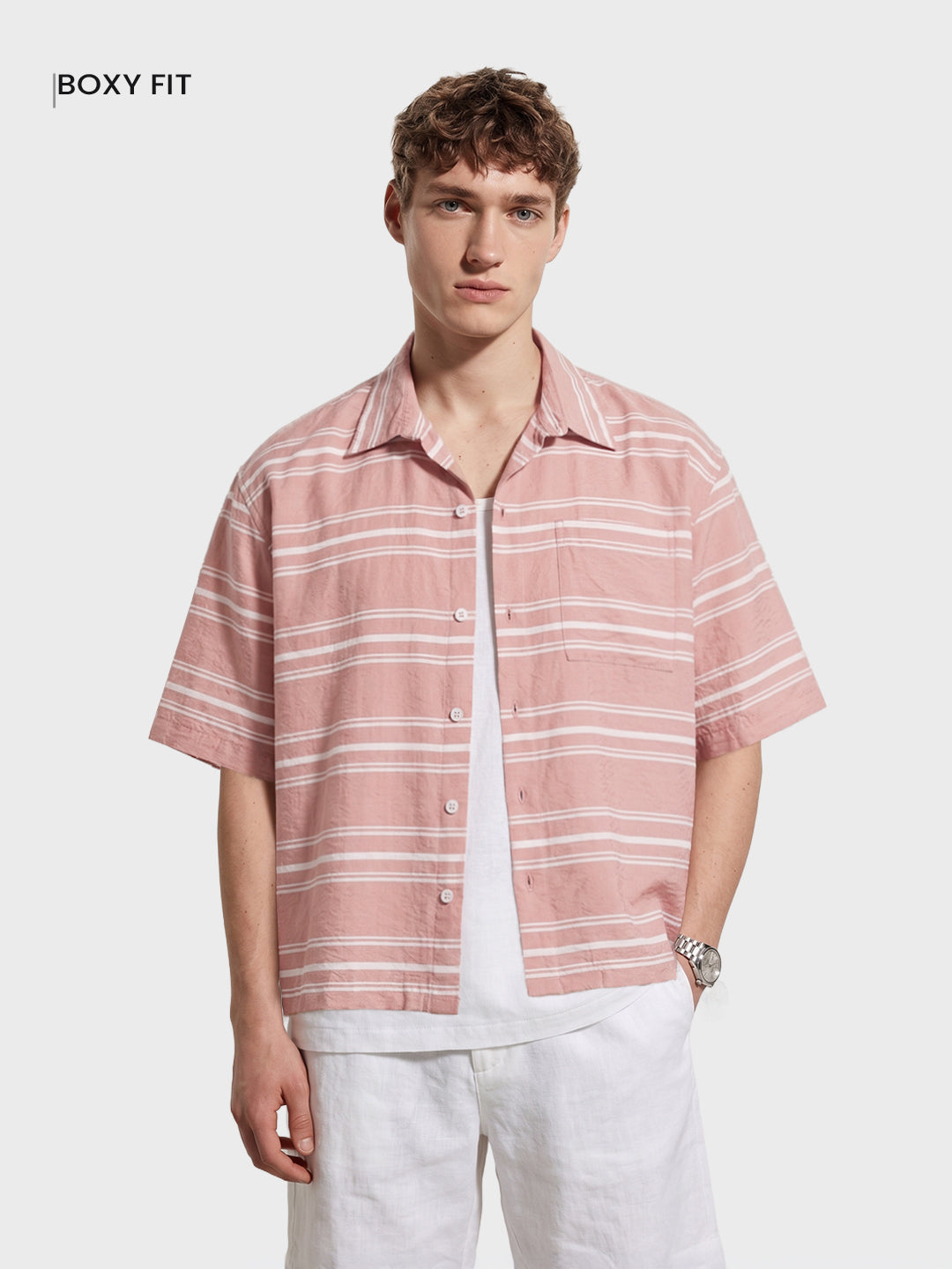 Men's Pink Boxy Fit Striped Resort Wear Shirt
