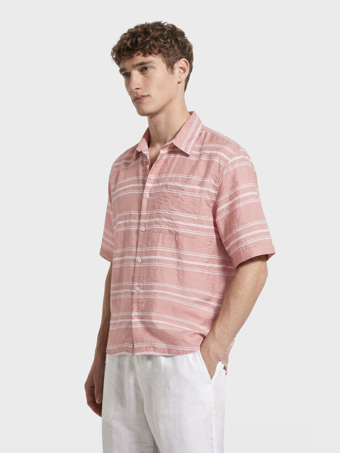 Men's Pink Boxy Fit Striped Resort Wear Shirt