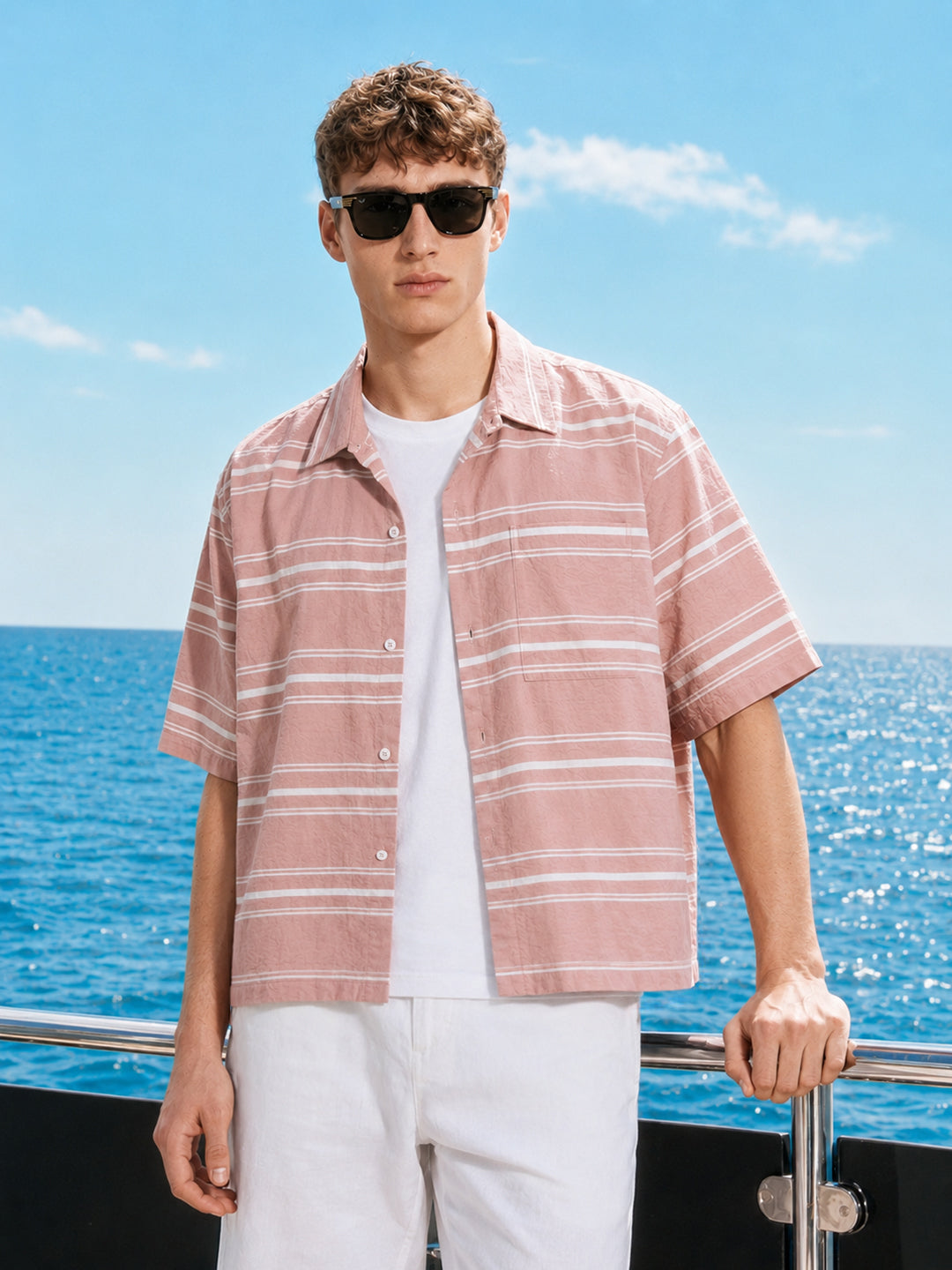 Men's Pink Boxy Fit Striped Resort Wear Shirt