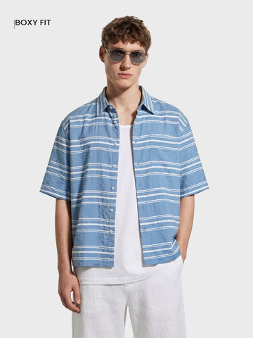 Men's Blue Boxy Fit Striped Resort Wear Shirt