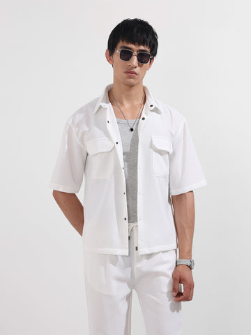 Men's White Boxy Fit Textured Resort Wear Shirt