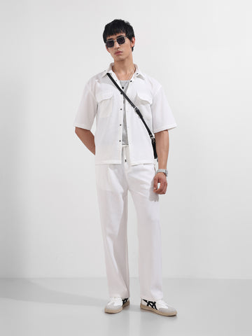 Men's White Boxy Fit Textured Resort Wear Shirt