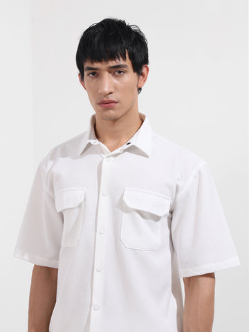 Men's White Boxy Fit Textured Resort Wear Shirt